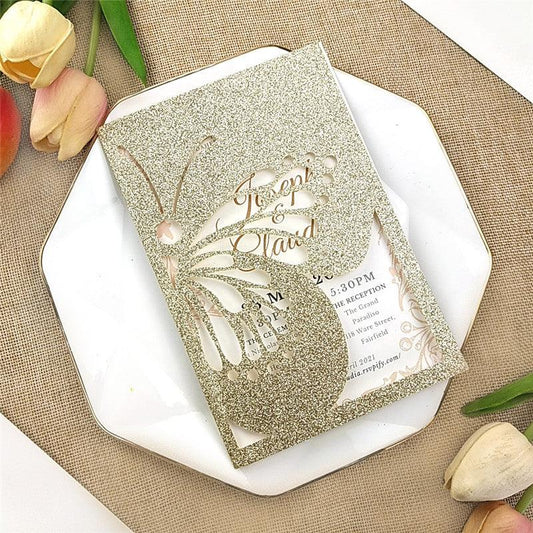 Champagne Gold Glittery Laser Cut Wedding Invitations with Butterfly Designs Lcz084 - Hibrides