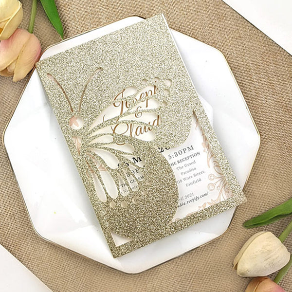 Champagne Gold Glittery Laser Cut Wedding Invitations with Butterfly Designs Lcz084 - Hibrides