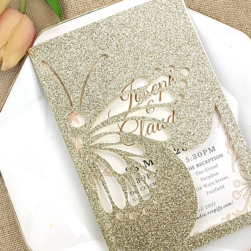 Champagne Gold Glittery Laser Cut Wedding Invitations with Butterfly Designs Lcz084 - Hibrides