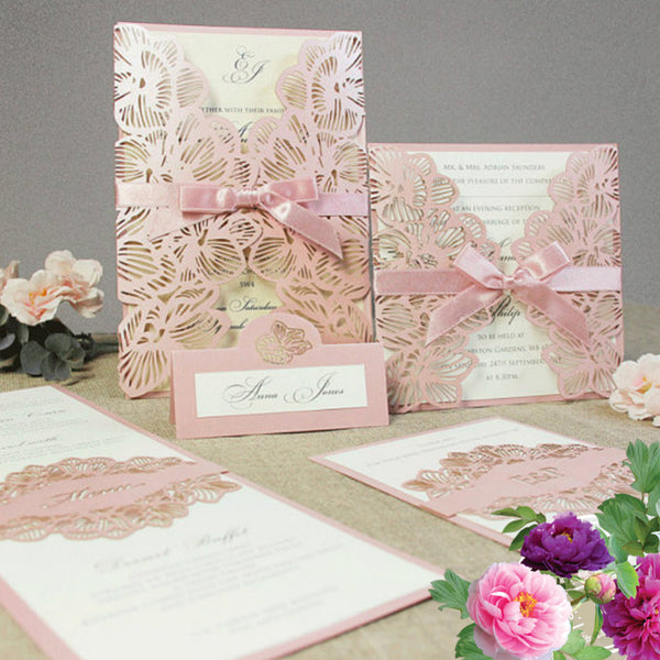 Elegant Square Pink Laser Cut Wedding Invitations with Matching Ribbons and Ivory Inner Card Lcz036 - Hibrides