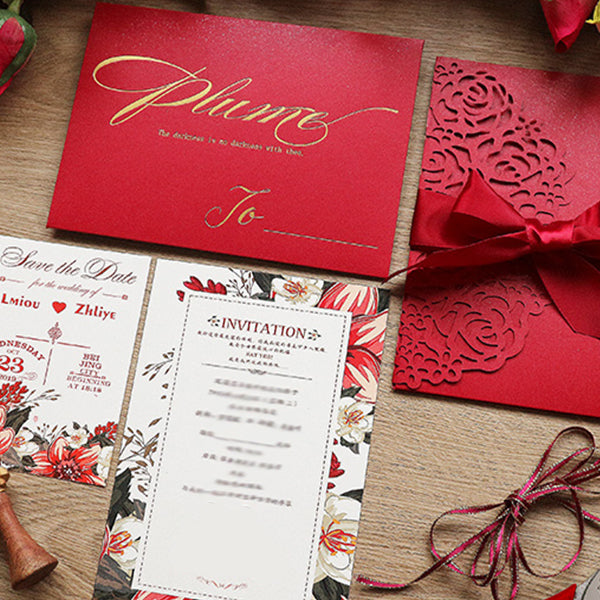 Red Laser Cut Pocket Wedding invitations with Floral Design Lcz028 - Hibrides