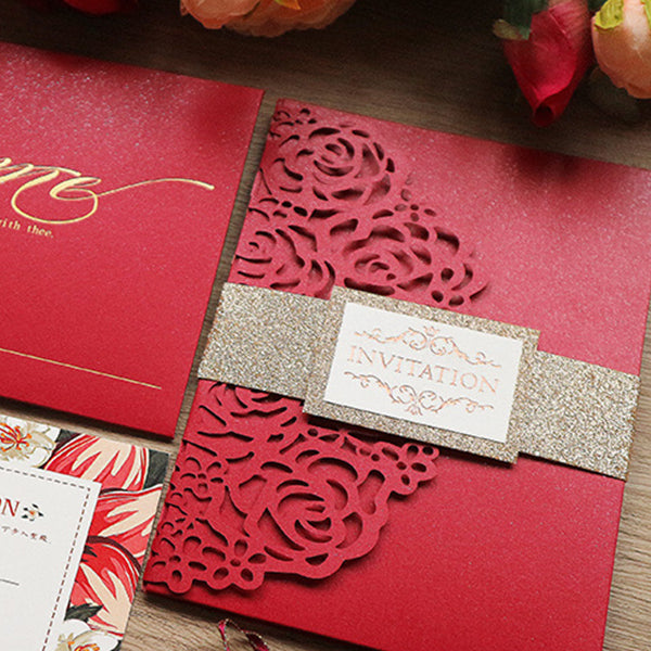 Red Laser Cut Pocket Wedding invitations with Floral Design Lcz028 - Hibrides