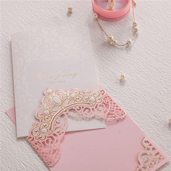 Stylish white pink laser cut Wedding Invitation LC079 - Hibrides