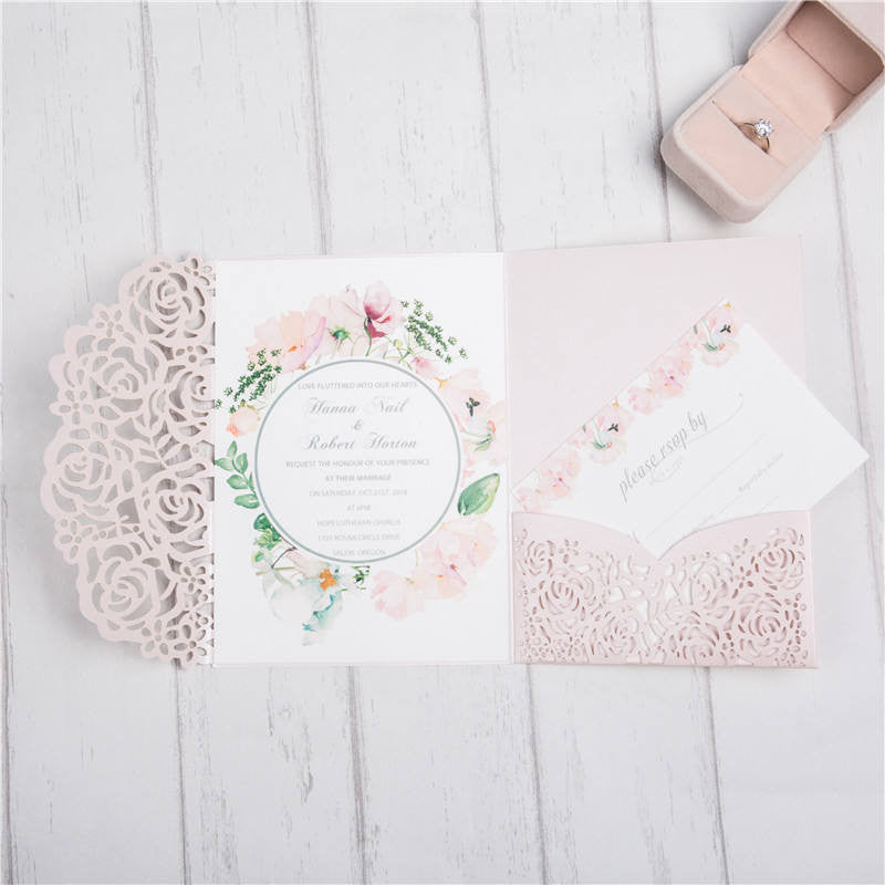 Classic Blush Pink Laser Cut Wedding Invitations with Adorable Round Greenery Design Lcz092 - Hibrides
