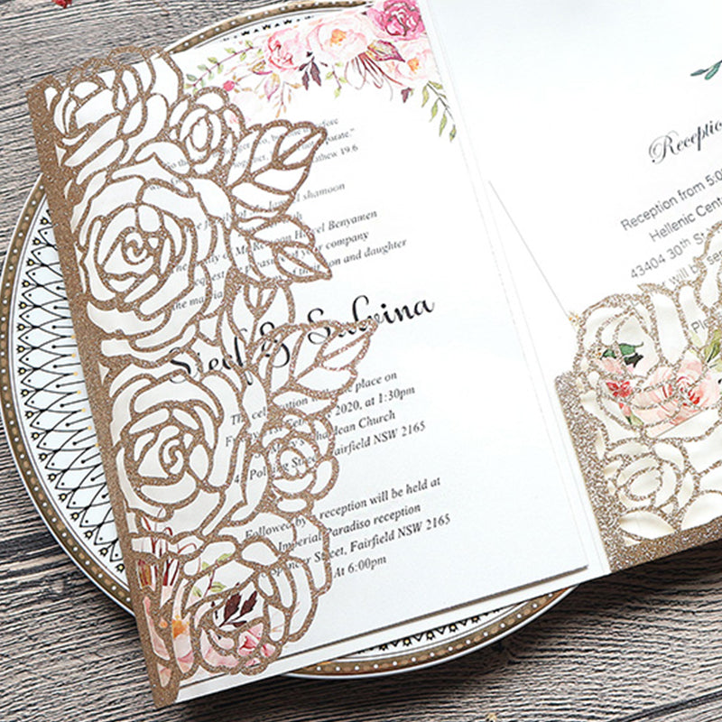 Classic Champagne Gold Glittery Laser Cut Wedding Invitations with Floral Design Lcz078 - Hibrides