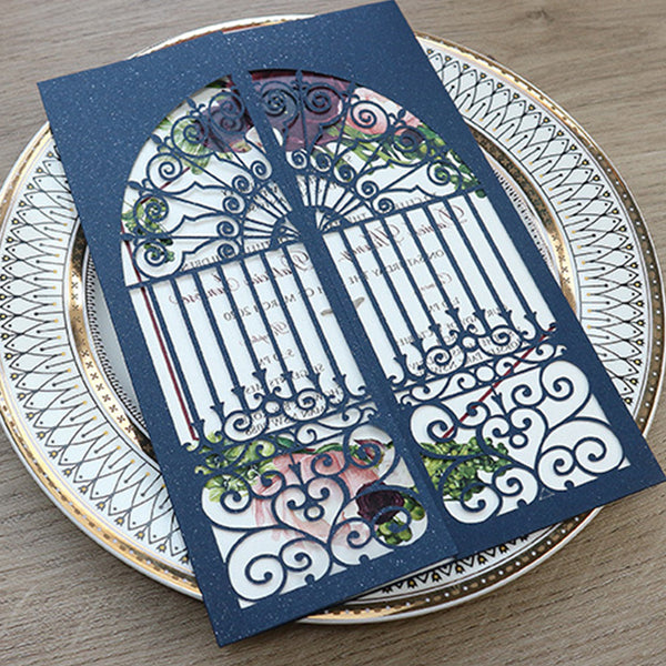 Classic Navy Blue Shimmer Laser Cut Wedding Invitations with Greenery Designs Lcz050 - Hibrides