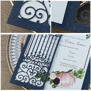 Classic Navy Blue Shimmer Laser Cut Wedding Invitations with Greenery Designs Lcz050 - Hibrides