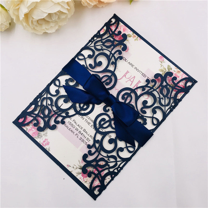 Classic Navy and Pink Laser Cut Wedding Invitations with Ribbon Belly Band Lcz062 - Hibrides