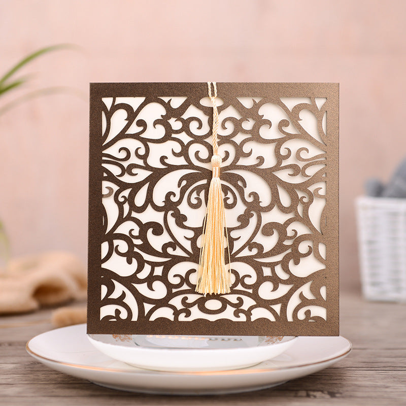 Classic Square Brown Laser Cut Wedding Invitations with Yellow Tassel Lcz106 - Hibrides