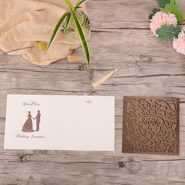 Classic Square Brown Laser Cut Wedding Invitations with Yellow Tassel Lcz106 - Hibrides