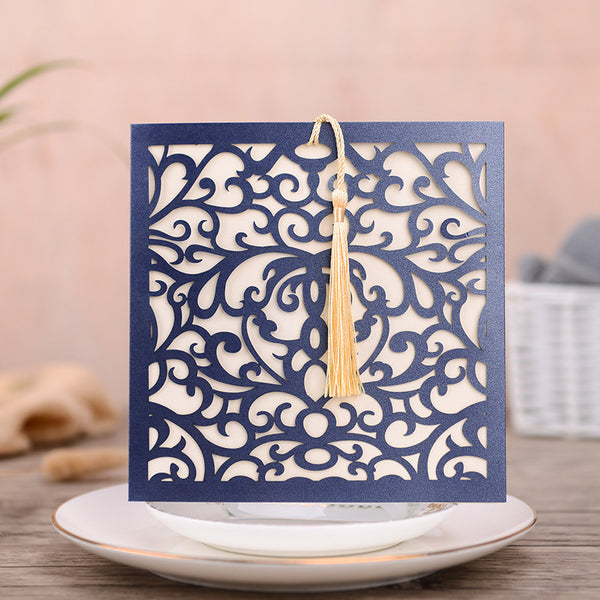Classic Square Navy Blue Laser Cut Wedding Invitations with Yellow Tassel Lcz104 - Hibrides