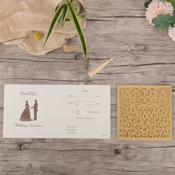 Classic Square Yellow Laser Cut Wedding Invitations with Matching Tassel Lcz105 - Hibrides