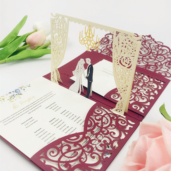 Creative Pop up Burgundy Laser Cut Wedding Invitations with Pockets and Arch Lcz047 - Hibrides