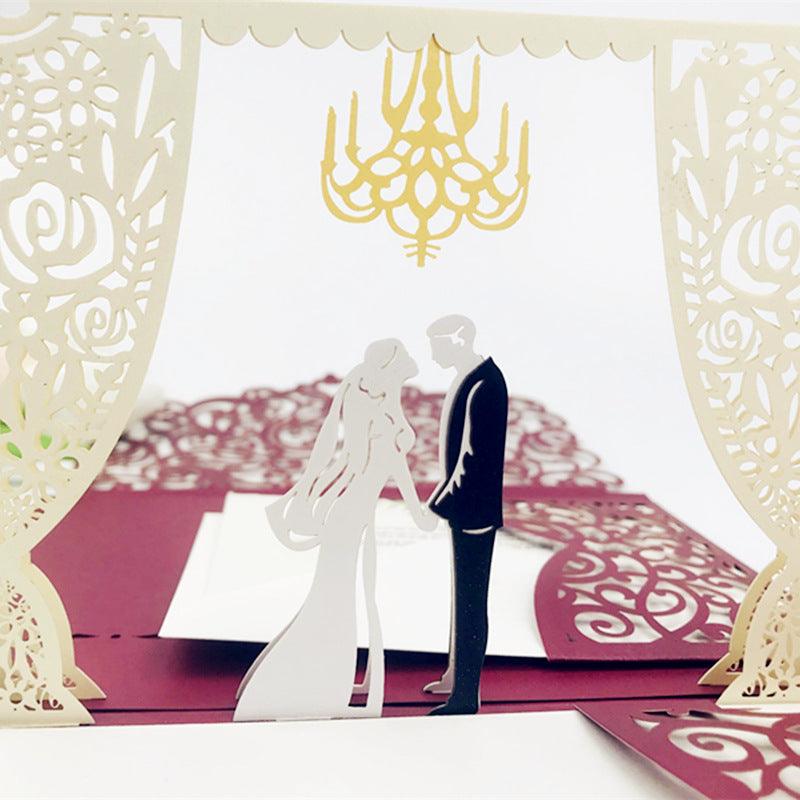 Creative Pop up Burgundy Laser Cut Wedding Invitations with Pockets and Arch Lcz047 - Hibrides