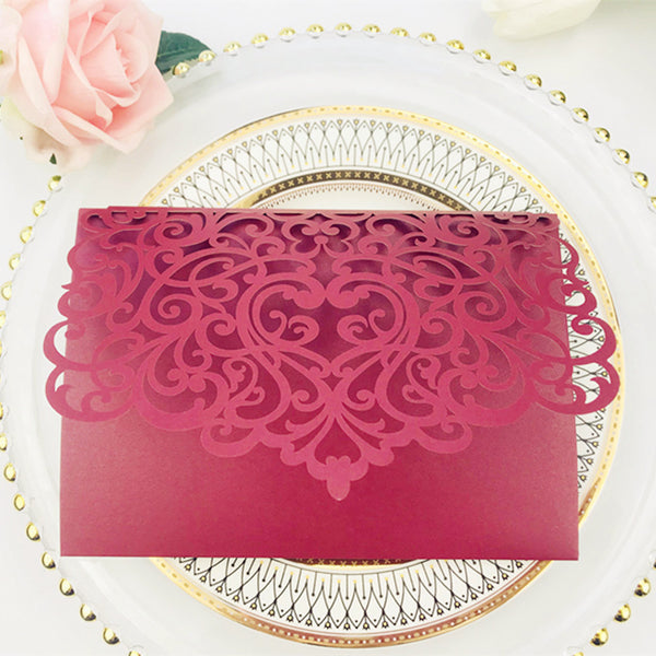 Creative Pop up Burgundy Laser Cut Wedding Invitations with Pockets and Arch Lcz047 - Hibrides