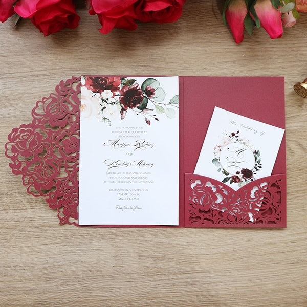 Burgundy White Laser Cut Wedding Invitations with Pocket and Floral Pattern Lcz082 - Hibrides