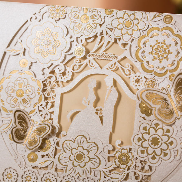 Gold and White Pocket Laser Cut Wedding Invitations Butterfiles and Bride and Groom in Silhouette Lcz094 - Hibrides