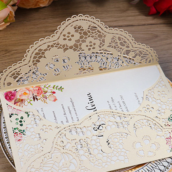 Ivory Pocket Laser Cut Wedding Invitations with Carved Pattern Lcz040 - Hibrides