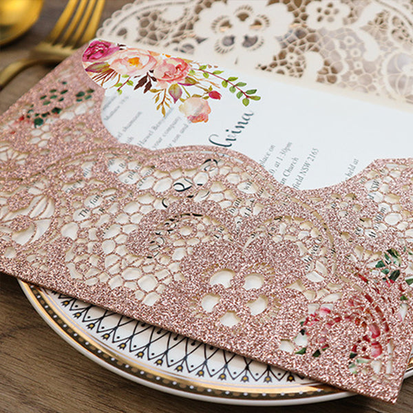 Rose Gold Glittery Pocket Laser Cut Wedding Invitations with Carved Pattern Lcz042 - Hibrides