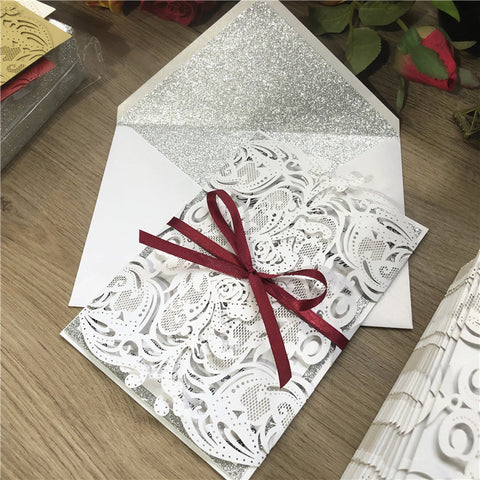 Ivory Fold Laser Cut Wedding Invitations with Glittery Paper Bottom and Burgundy Ribbon Lcz055 - Hibrides