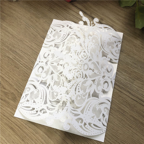 Ivory Fold Laser Cut Wedding Invitations with Glittery Paper Bottom and Burgundy Ribbon Lcz055 - Hibrides