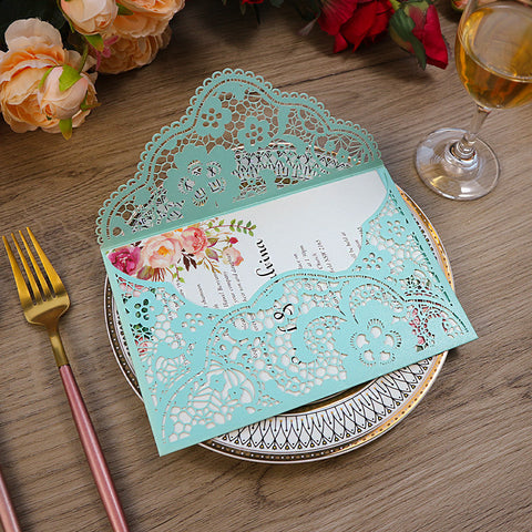 Tiffany Blue Pocket Laser Cut Wedding Invitations with Carved Pattern Lcz043 - Hibrides