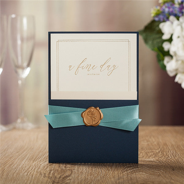 Elegant and stylish blue pocket Wedding Invitation with seal LC071 - Hibrides