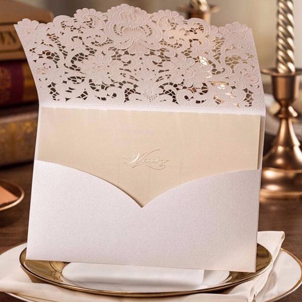 Elegant ivory lace detailed laser cut Wedding Invitation LC001 - Hibrides