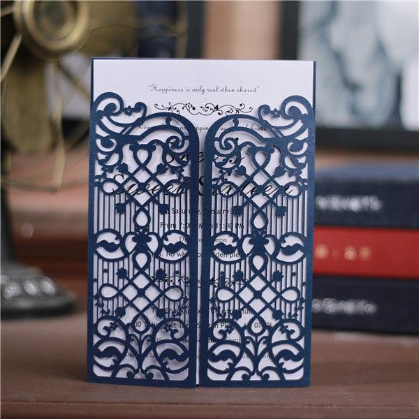 Elegant navy blue laser cut gate Wedding Invitation LC039 - Hibrides