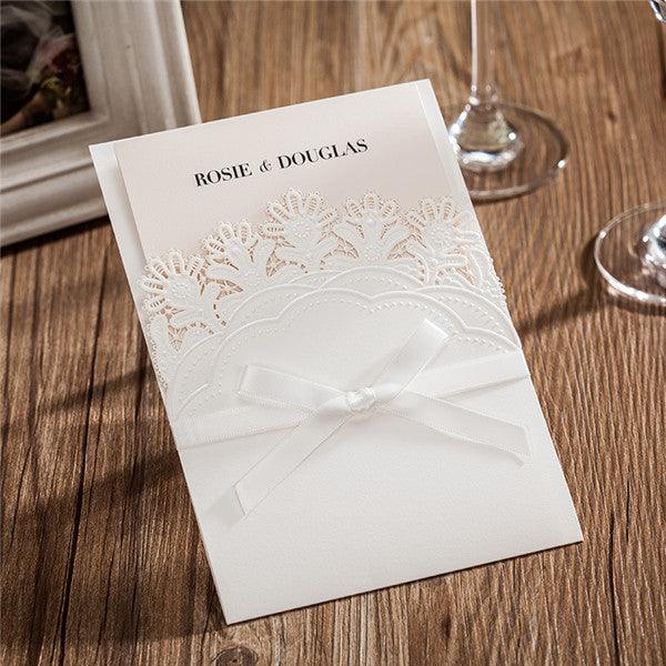 Elegant white pocket laser cut Wedding Invitation with lovely flowers LC029 - Hibrides