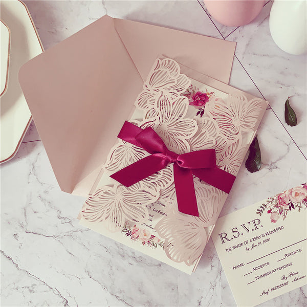 Elegant Blush Pink Laser Cut Wedding Invitations with Floral Designs and Burgundy Ribbon Lcz070 - Hibrides