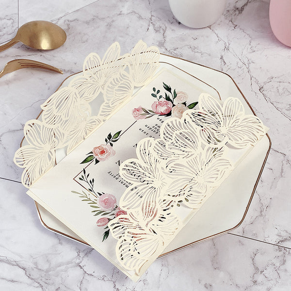 Elegant Ivory Laser Cut Wedding Invitations with Floral Designs and Ribbon Lcz072 - Hibrides