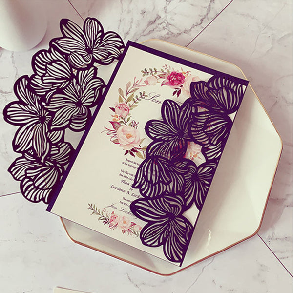 Elegant Navy Laser Cut Wedding Invitations with Floral Designs and Ribbon Lcz073 - Hibrides