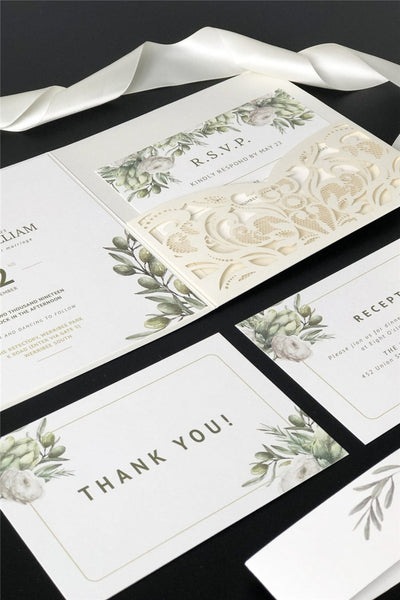 Elegant Ivory Pocket Laser Cut Wedding Invitations with Greenery and Matching Belly Band Lcz066 - Hibrides