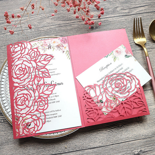 Elegant Red Rose Designed Laser Cut Wedding Invitations with Pocket Lcz025 - Hibrides