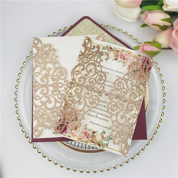Elegant Rose Gold Glittery Laser Cut Wedding Invitations with Belly Band Lcz075 - Hibrides