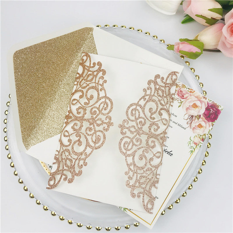 Elegant Rose Gold Glittery Laser Cut Wedding Invitations with Belly Band Lcz075 - Hibrides