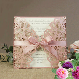 Elegant Square Pink Laser Cut Wedding Invitations with Matching Ribbons and Ivory Inner Card Lcz036 - Hibrides