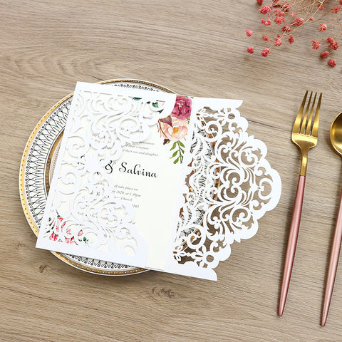 Elegant White Laser Cut Wedding Invitations with Pocket and Floral Inner Cards Lcz054 - Hibrides