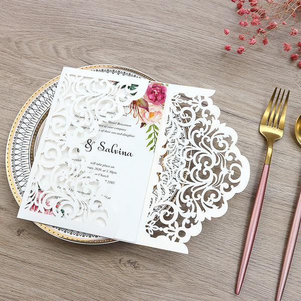 Elegant White Laser Cut Wedding Invitations with Pocket and Floral Inner Cards Lcz054 - Hibrides