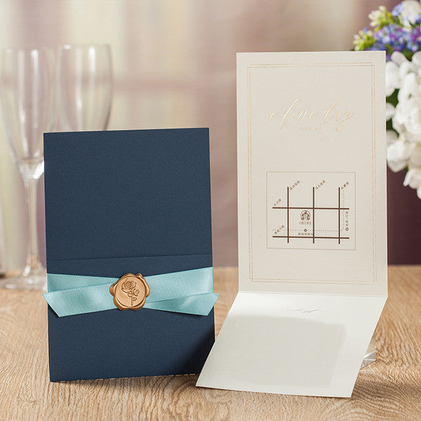 Elegant and stylish blue pocket Wedding Invitation with seal LC071 - Hibrides