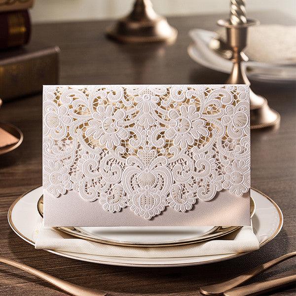 Ivory lace detailed laser cut wedding invitations LC001 - Hibrides