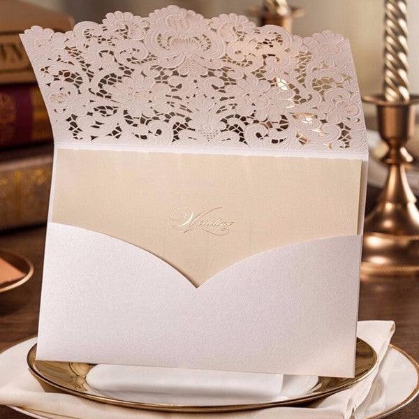 Ivory lace detailed laser cut wedding invitations LC001 - Hibrides