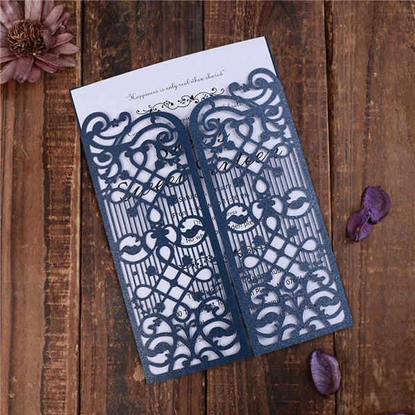 Elegant navy blue laser cut gate Wedding Invitation LC039 - Hibrides
