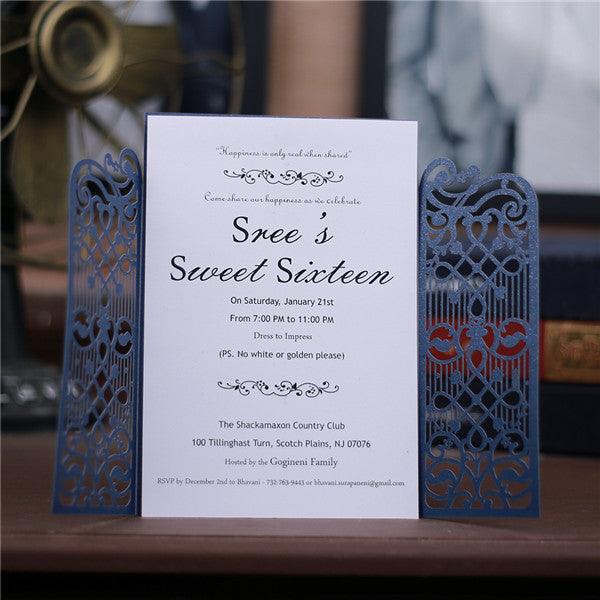 Elegant navy blue laser cut gate Wedding Invitation LC039 - Hibrides