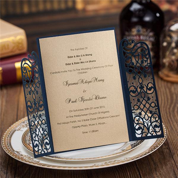 Elegant navy blue laser cut wedding invites with engraving LC010 - Hibrides