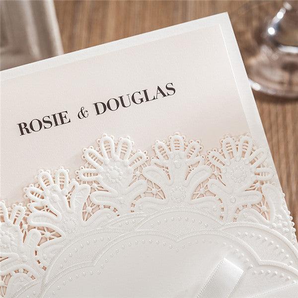 Elegant white pocket laser cut Wedding Invitation with lovely flowers LC029 - Hibrides