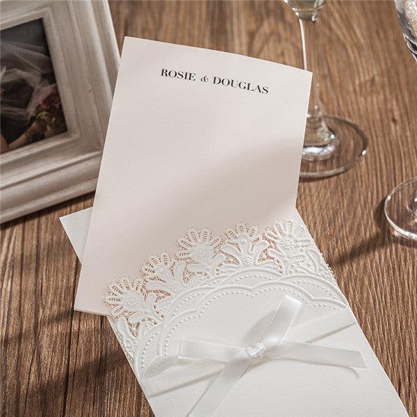 Elegant white pocket laser cut Wedding Invitation with lovely flowers LC029 - Hibrides