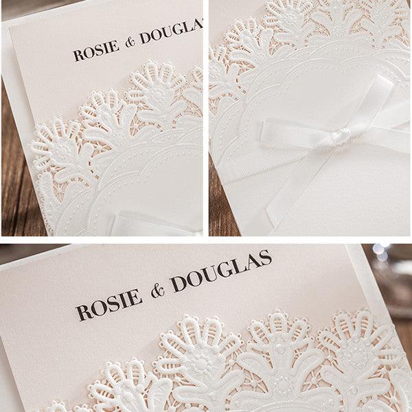 Elegant white pocket laser cut Wedding Invitation with lovely flowers LC029 - Hibrides