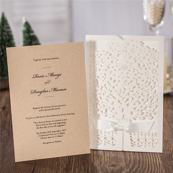 Elegant white tree laser cut Wedding Invitation with ribbons LC015 - Hibrides